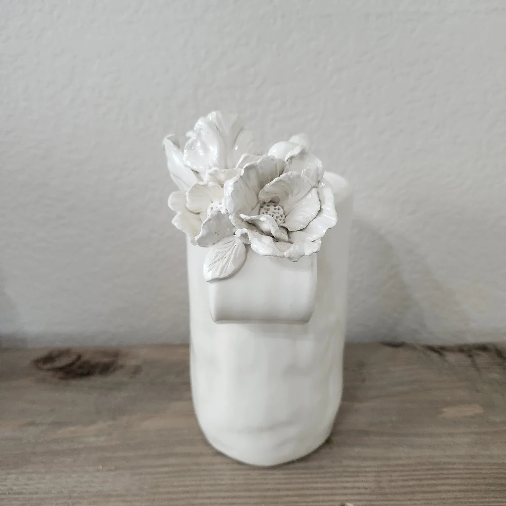 Vintage Handmade White Bird Flower  Delicate Ceramic Pitcher Vase